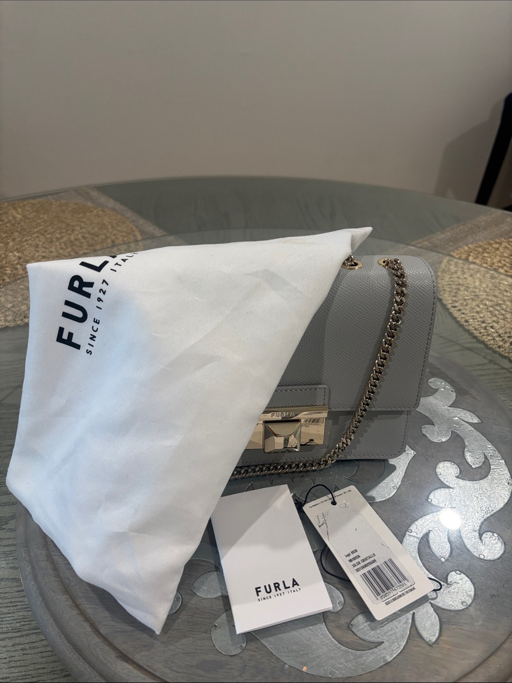 New Furla Light Gray Saffiano Leather Crossbody with Gold Chain/hardware & dusty - Picture 12 of 13